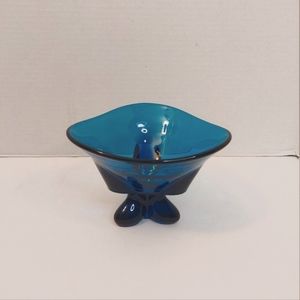 Mid-century modern blue glass Viking style compote dish, vintage glass bowl